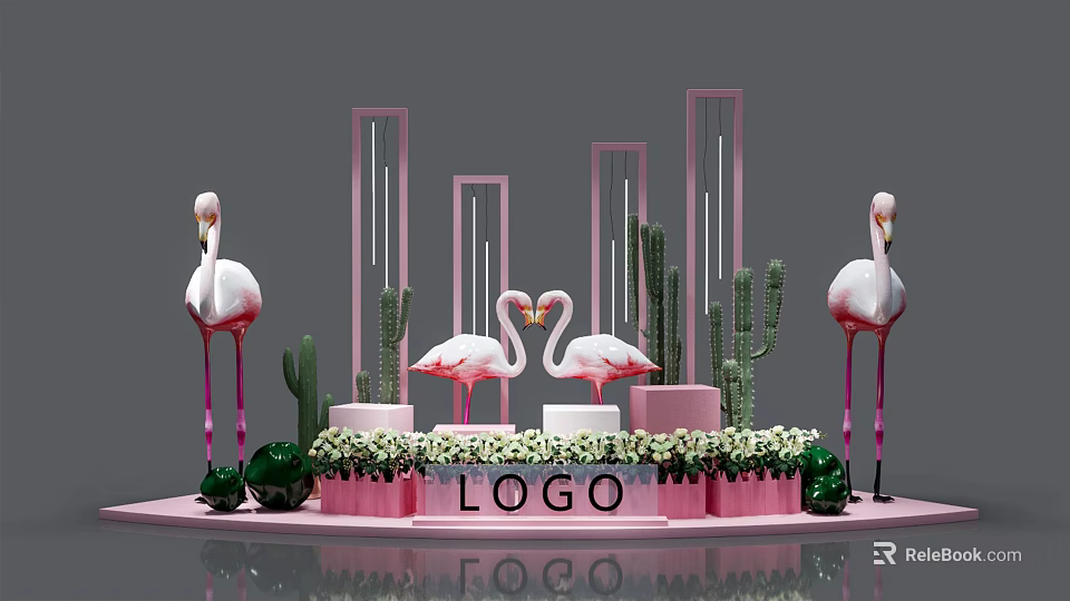 Pink Flamingo And Cactus Decor With Green Spherical Ornaments White Flowers And LOGO 3d model
