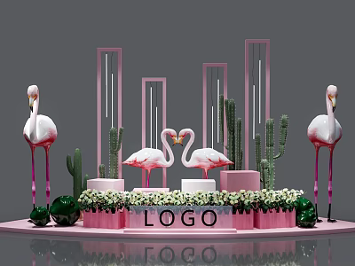 Pink Flamingo And Cactus Decor With Green Spherical Ornaments White Flowers And LOGO 3d model