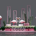 Pink Flamingo And Cactus Decor With Green Spherical Ornaments White Flowers And LOGO 3d model