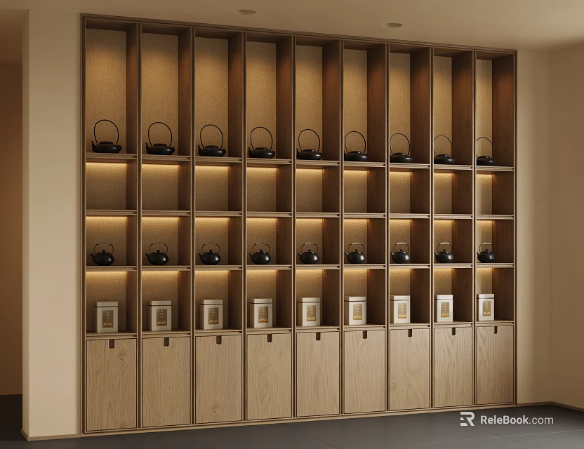 Modern Wooden Decorative Cabinet Interior With Black Teapots Photo Frames And Cabinet Doors 3d model 