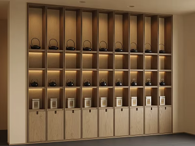 Modern Wooden Decorative Cabinet Interior With Black Teapots Photo Frames And Cabinet Doors 3d model