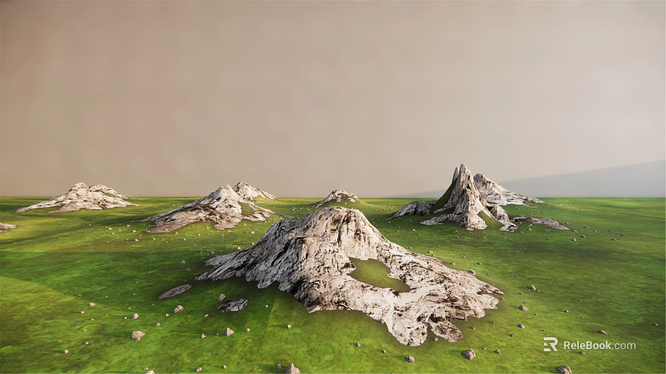 Scenic Garden Landscape With Green Grass And Rocky Hills In Natural Setting 3d model 
