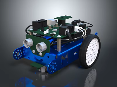 Small Robot With Blue Frame Green Circuit Board Black Motors And White Wheels 3d model