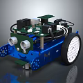 Small Robot With Blue Frame Green Circuit Board Black Motors And White Wheels
