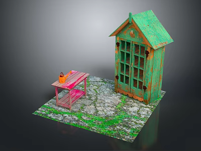 Garden Scene With Green Wooden Shed Pink Table And Orange Decor On Mossy Stone Ground 3d model