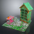Garden Scene With Green Wooden Shed Pink Table And Orange Decor On Mossy Stone Ground