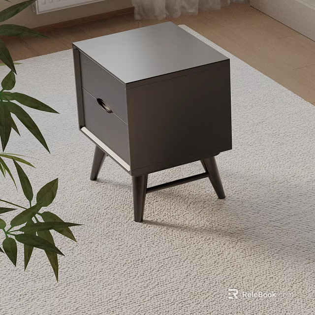 Dark Modern Nightstand With Drawer And Round Handle On Light Rug Near Green Plant 3d model 