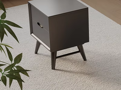 Dark Modern Nightstand With Drawer And Round Handle On Light Rug Near Green Plant 3d model