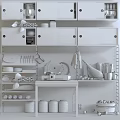 Functional Kitchen Interior With Organized Shelves Bowls Plates Mugs And Cooking Tools 3d model
