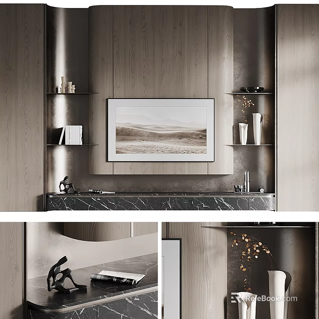 Modern TV Wall Design With Wooden Panels Art Shelves And Marble 3d model 