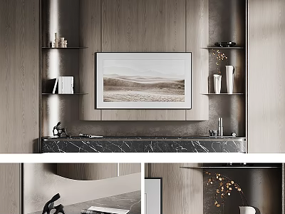Modern TV Wall Design With Wooden Panels Art Shelves And Marble 3d model
