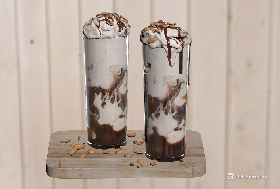 Creamy Chocolate Milkshakes Topped with Whipped Cream Chocolate Syrup and Peanuts on Wooden Tray 3d model 