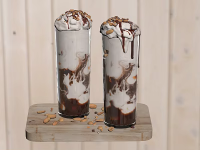 Creamy Chocolate Milkshakes Topped with Whipped Cream Chocolate Syrup and Peanuts on Wooden Tray 3d model