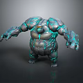 Game Movie Character with Massive Build Blue Glowing Lines Rock Like Skin and Yellow Eyes