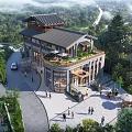 Traditional Chinese Architectural Visitor Center With Courtyard Pond Green Trees And Tourists