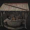 Ancient Well Structure With Rustic Wooden Roof And Traditional Stone Wall Design