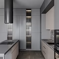 Modern Kitchen Interior With Gray Cabinets Black Chimney Hood And Marble Island Counter
