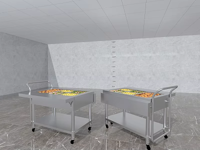 Two Stainless Steel Kitchen Utility Carts With Wheels Handle And Fresh Fruits On Top 3d model