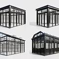 Modern Glass House Structures With Black Frames And Various Roof Designs 3d model