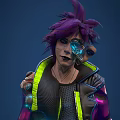 Cyberpunk Female Character With Purple Hair Mechanical Eye Chest Tattoo And Neon Glow