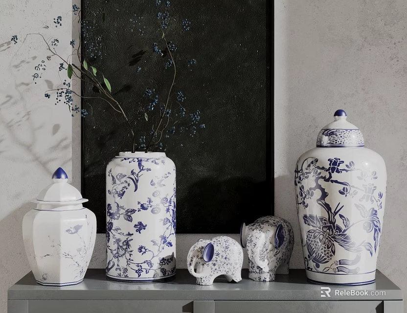 Blue And White Vases With Floral Patterns And Elephant Figurines On Decorative Shelf 3d model 