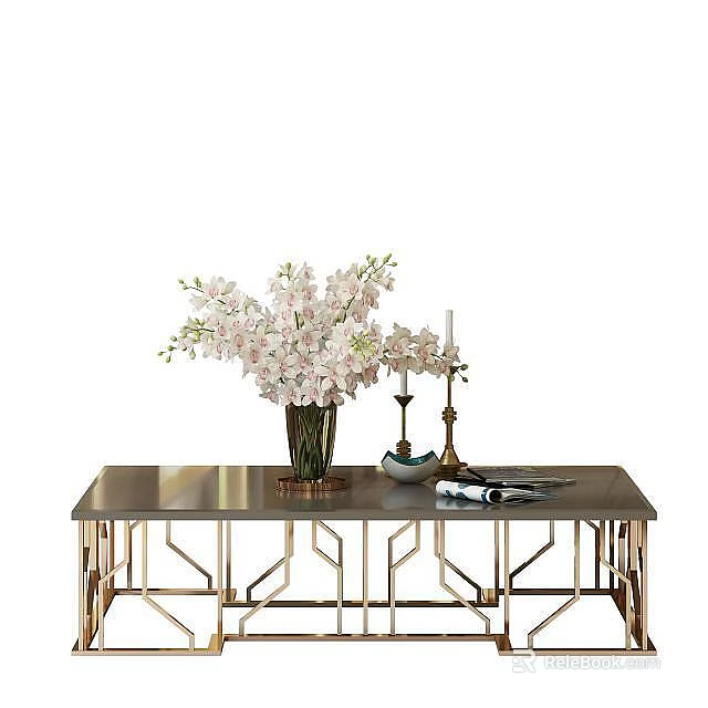 Elegant Coffee Table With Golden Geometric Frame White Flower Vase And Candle Holder 3d model 