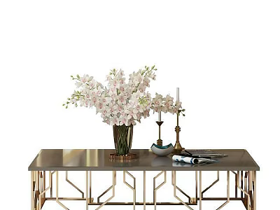Elegant Coffee Table With Golden Geometric Frame White Flower Vase And Candle Holder 3d model