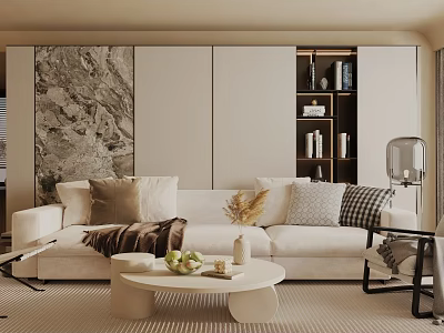 Elegant Modern Living Room Interior With Beige Sofa Pillows Coffee Table Stone Wall And Bookshelf 3d model