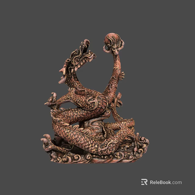 Bronze Dragon Sculpture with Coiled Body and Intricate Carved Patterns on Cloud Motif Base 3d model 