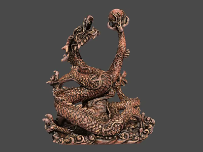 Bronze Dragon Sculpture with Coiled Body and Intricate Carved Patterns on Cloud Motif Base 3d model