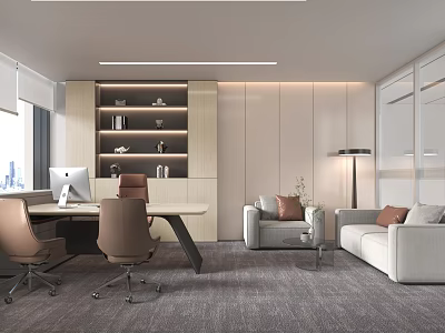 Modern Office Interior Design With Desk Chairs Sofa Bookshelf And Large Window 3d model