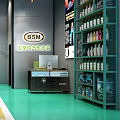 Car 4S Shop Interior With Silver Car Colorful Grid Wall Shelves And Hanging Lights
