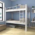 Metal Frame Bunk Bed With Striped Bedding In Blue Bedroom Wooden Floor