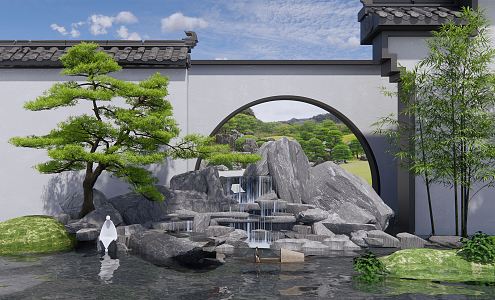 New Chinese style landscape sketch rockery waterscape water drop landscape courtyard landscape sketch landscape wall stone pine 3d model