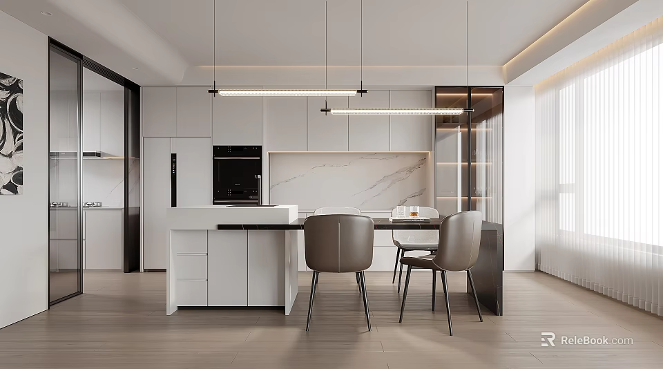 Modern Open Concept Dining Area With Marble Island Pendant Lights And Chairs 3d model 