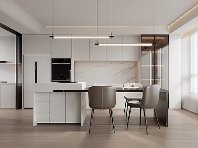 Modern Open Concept Dining Area With Marble Island Pendant Lights And Chairs 3d model