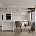 Modern Open Concept Dining Area With Marble Island Pendant Lights And Chairs