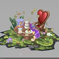 Whimsical Garden Furniture With Heart Shaped Chair Wooden Table Tea Set Flowers And Playing Cards