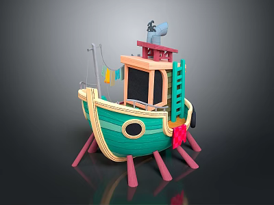 Playful Cartoon Toy Boat Featuring Green Hull Yellow Accents And Pink Support Legs 3d model