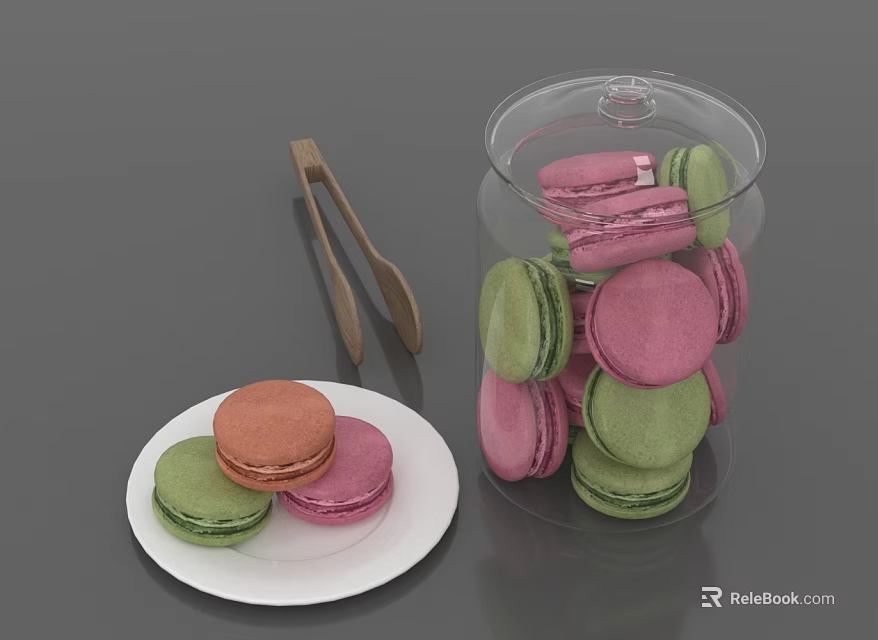 Colorful Macarons Arranged in Glass Jar and on White Plate with Wooden Tongs 3d model 