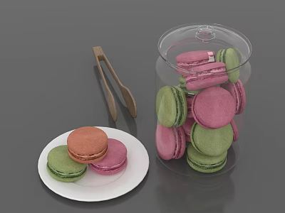 Colorful Macarons Arranged in Glass Jar and on White Plate with Wooden Tongs 3d model