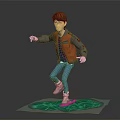 Boy In Brown Jacket Riding Green Creature Skateboard With Blue Jeans