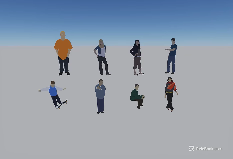 Group of People in Various Poses Including Skateboarding Standing and Sitting 3d model 
