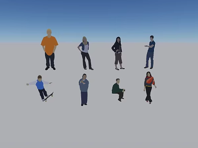 Group of People in Various Poses Including Skateboarding Standing and Sitting 3d model