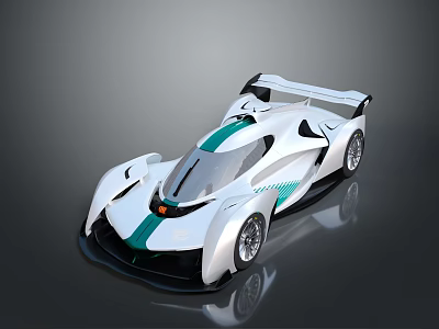 Futuristic White Race Car With Teal Stripes And Sleek Aerodynamic Rear Wing Design 3d model