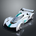 Futuristic White Race Car With Teal Stripes And Sleek Aerodynamic Rear Wing Design