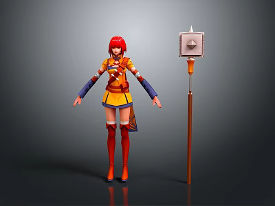 Anime Style Character With Red Hair Orange Yellow Outfit And Mechanical Creature With Lamp Like Head 3d model