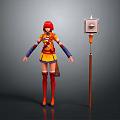 Anime Style Character With Red Hair Orange Yellow Outfit And Mechanical Creature With Lamp Like Head