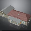 Wooden Building Structure With Red And Gray Roofs Windows And White Chimneys