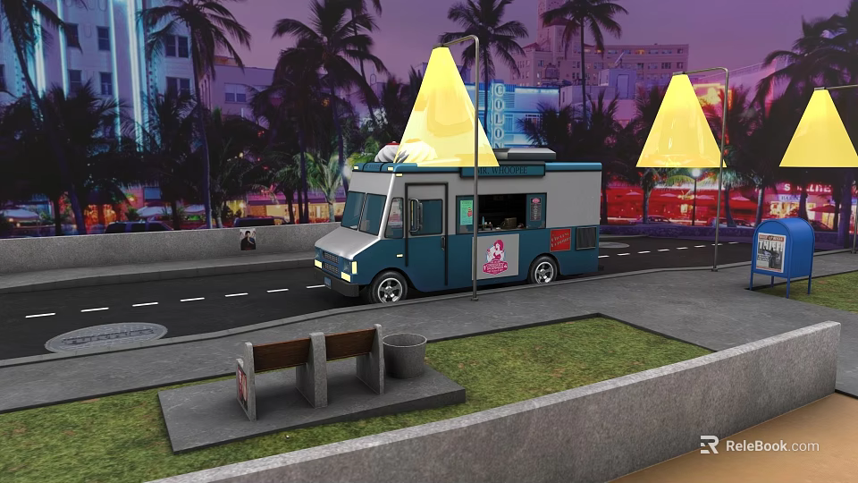 Evening Street Food Truck With Palm Trees And Neon Lights Near Bench And Trash Can 3d model 